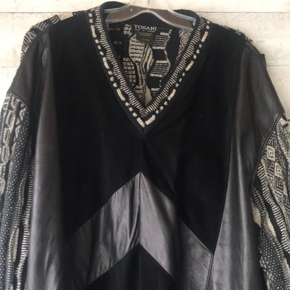 Tosani Coogi style knit faux leather and suede patchwork sweater - Picture 4 of 11